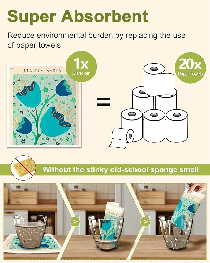Swedish Dishcloths for Kitchen - 5 Pack Reusable Dish Cloths for Washing Dishes Absorbent Cute Funny Kitchen Towels Cleaning Sponge, Cartoon Flower