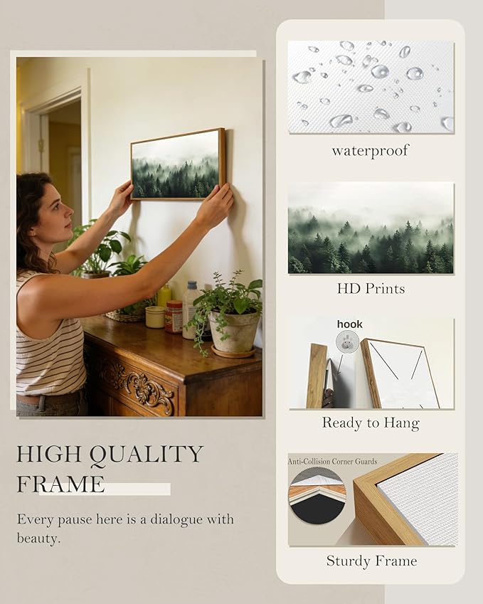 SHENIFY Green Fog Pine Tree Forest Vintage Framed Wall Art Modern Landscape Scenery Farmhouse Artwork Prints Decor for Kitchen Bedroom Living Room Bathroom - 8x16in Natural Framed