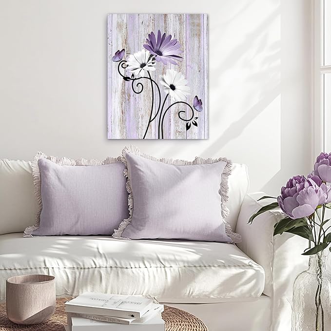 HVEST Purple Floral Daisy Wall Art Lavender Flower and Butterfly Rustic Botanical Abstract Painting Farmhouse Plant Wall Art for Bathroom Living Room Bedroom Decor Ready to Hang, 16Lx12W Inches