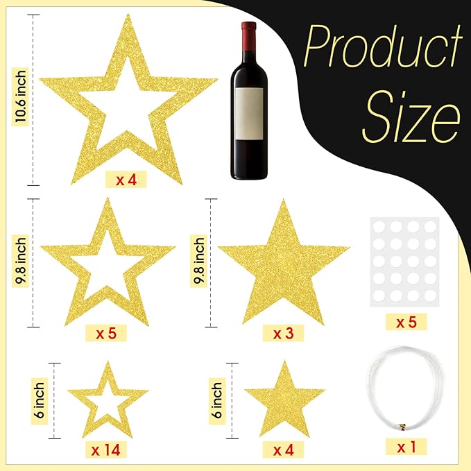 30 Pcs Large Gold Star Cutouts Paper Decorations 3 Sizes 6" 9.8" 10.6" Double Printed Star Cardboard Wall Decor Confetti Cutouts for Graduation Classroom Wall Bulletin Board Decor