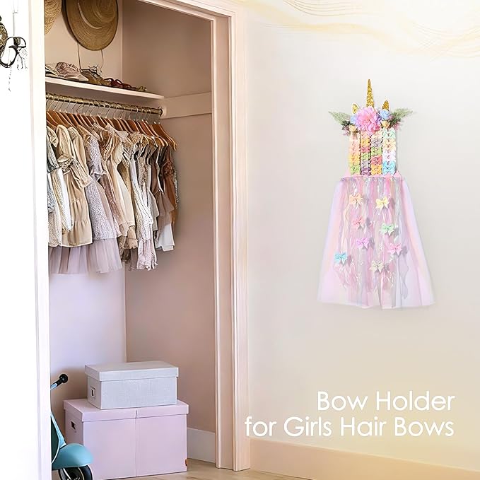 Unicorn Bow Holder for Girls Hair Bows, Baby Hair Clip Organizer Barrettes Claw Clips Storage Wall Hanging Display for Toddler Baby Girl Nursery Room Decor