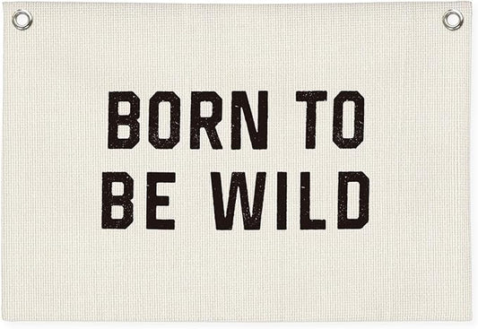 Born To Be Wild Linen Canvas Banner, Boys Kids Room Wall Hanging Banner Flag Decor for Playroom Bedroom Nursery, 30x20 Inch