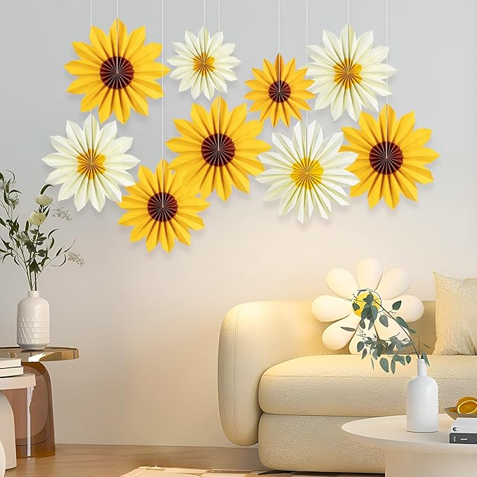 EASY JOY 9PCS Sunflower Party Decorations Sunflower Paper Fans Yellow Birthday Decorations Hanging Paper Flower Fan for Women for Summer Baby Shower Bulletin Board Decorations