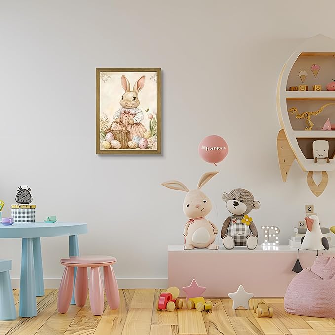 Framed Easter Bunny Wall Art, Vintage Holiday Decor Oil Painting, Rustic Farmhouse Spring Animal Wall Decor, Cute Rabbit Easter Eggs Canvas Print Paintings for Living Room Bedroom Nursery 8x10 Inch