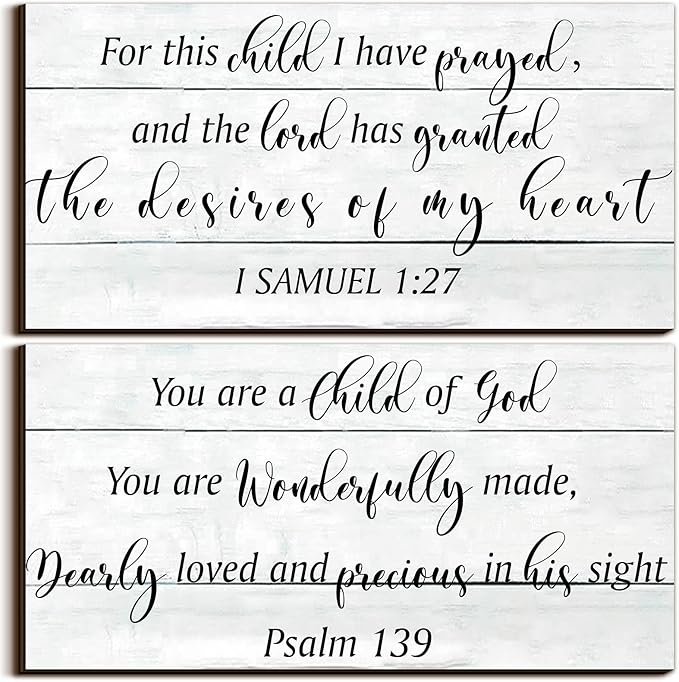 Yookeer 2 Pcs Wood Nursery Wall Decor for Girls Boys Baby Girl Room Decor Nursery Christian Wall Art This Child I Have Prayed Bible Quote Hanging Sign for Kids Home 12 x 6 Inch(Retro)