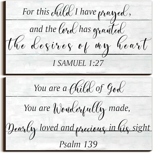 Yookeer 2 Pcs Wood Nursery Wall Decor for Girls Boys Baby Girl Room Decor Nursery Christian Wall Art This Child I Have Prayed Bible Quote Hanging Sign for Kids Home 12 x 6 Inch(Retro)