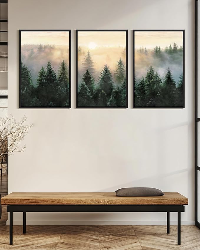 Drsoum Green Fog Pine Tree Landscape Wall Art Framed Nature Misty Nordic Forests Prints Morden Farmhouse Rustic Artwork Hallway Bedroom Ready to Hang 24x36in Black Framed