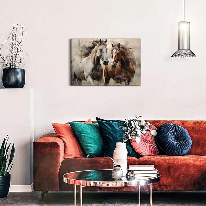 Vintage Horse Wall Art White and Brown Horses Canvas Painting for Office Rustic Farmhouse Animal Prints Retro Horse Pictures Wall Decor Western Artwork for Living Room Bedroom Home Decorations 16x24"