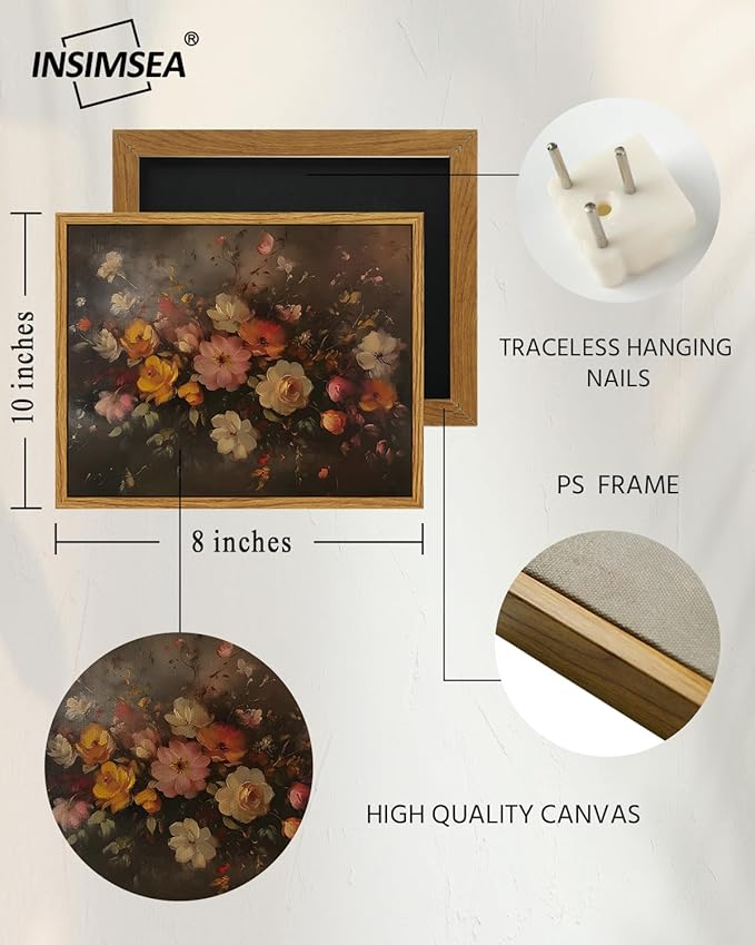 InSimSea Framed Canvas Wall Art, Vintage Wall Decor, Fall Floral Dark Moody Painting for Living Room, Bedroom Autumn Country Retro Flower Print Pictures Decorations,8x10inch