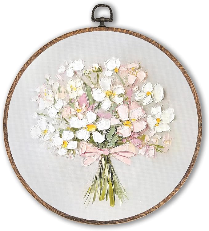 Vintage Pink Bow Floral Bouquet Round Wall Art Framed, White Floral Round Wall Decor, Vintage Flower Hanging Canvas Prints Wall Sculptures for Home Bedroom Living Room Decor, 10x10 Inch