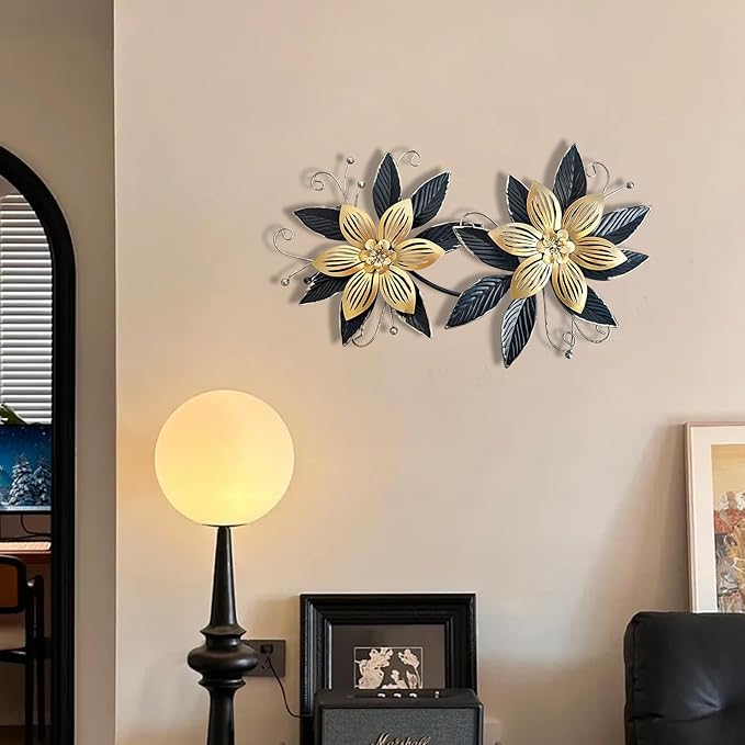 LIFFY Black Wall Decor,15" 3D Multi-layer Metal Flowers Wall Decor, Rustic Modern Floral Sculpture for Indoor Kitchen Bedroom Living Room Office Outdoor Garden Patio