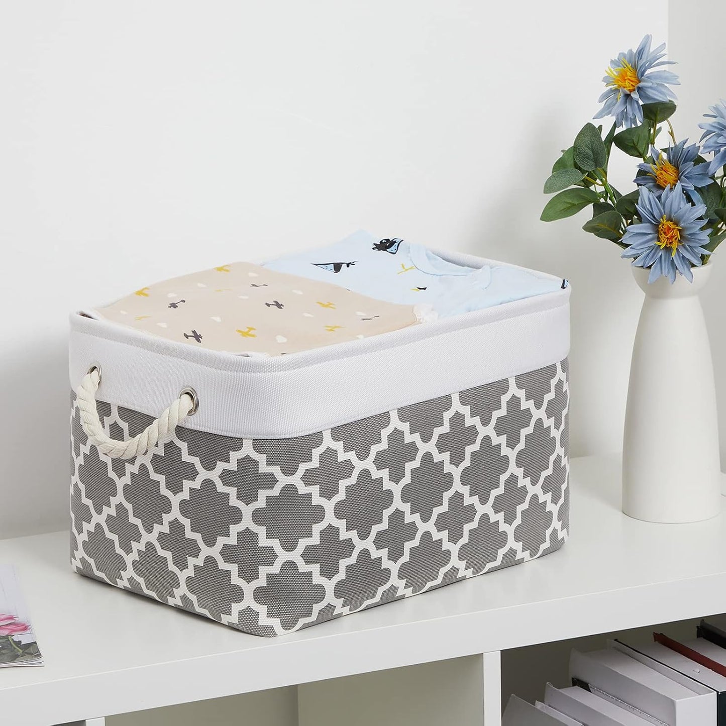 Bidtakay Basket Storage Bins Baskets for Organizing Set of 3 Collapsible Cloth Storage Linen Closet Organizer 15 X 11 X 9.5 Inches Large Foldable Baskets for Shelves (White&Quatrefoil Grey)