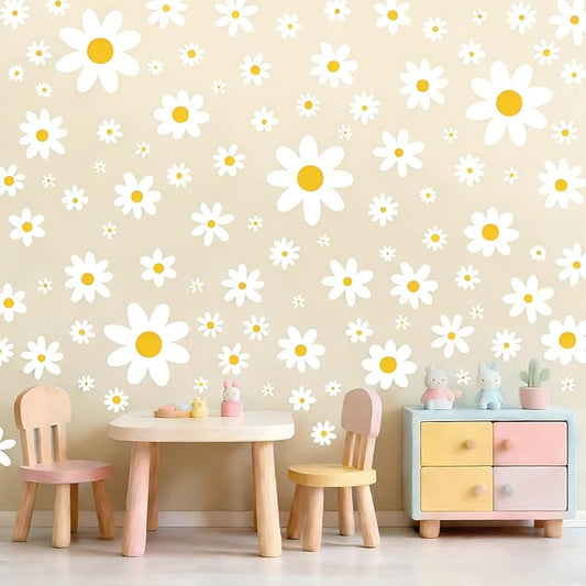 Daisy Wall Decal, 8 Sheets 96Pcs Daisy Flower Wall Stickers Peel and Stick White Flower Decals for Nursery Bedroom Home Wall Art Decorations