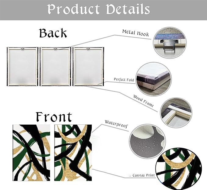 GKQNMU 2pcs Abstract Stripe Canvas Wall Art Modern Minimalist Geometry Wall Decoration Pictures Green Gold And Black Prints Posters Paintings for Living Room Bedroom Office Decoration Ready To Hang