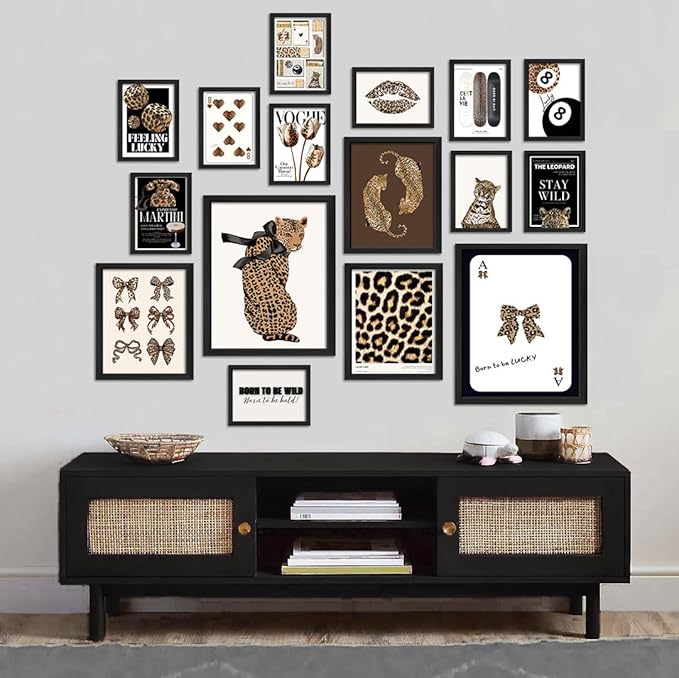 ANERZA 16 PCS Stockholm Style Room Decor, Cheetah Print Leopard Gallery Wall Art Prints Set for Bedroom, Preppy Posters for Living Room Aesthetic, Trendy Collage Kit Pictures, Funky Dorm Home Decor