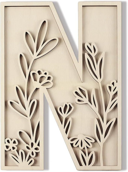 Layered 12 Inch Large Wooden Letters for Wall Decor, Flowered Paintable Wooden Nursery Letters for Crafts Wood Alphabet Letter N for Birthday Boho Nursery Name Sign Wedding Home Decoration