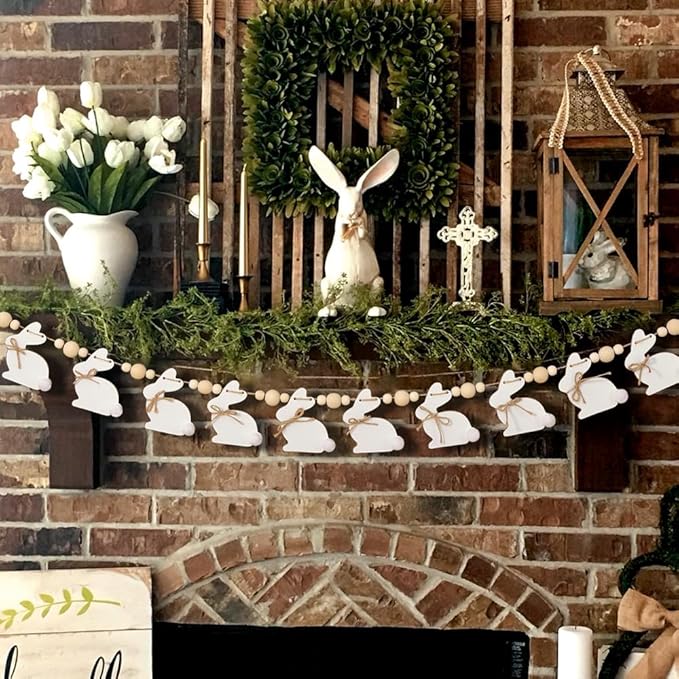 Easter Decorations Garlands, Cute Bunny Easter Garland with Wooden Beads, Rustic Banner for Mantel, Fireplace, Wall, Home, Farmhouse, Office, School Indoor Spring Decor Supplies