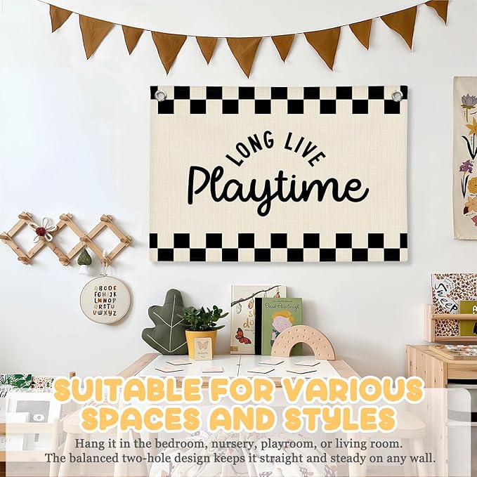 Long Live Playtime Black and White Checkered Boys Room Decor - Linen Banner Wall Hanging Canvas Banner Flag Decor for Toddler Boy Bedroom Nursery Playroom
