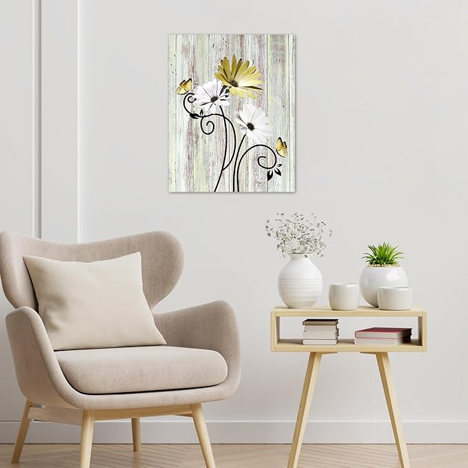 HVEST Vintage Daisy Wall Art Yellow Flower and Butterfly on Rustic Wooden Abstract Painting Farmhouse Plant Wall Art for Bathroom Living Room Bedroom Kitchen Decor Ready to Hang, 10Lx8W Inches