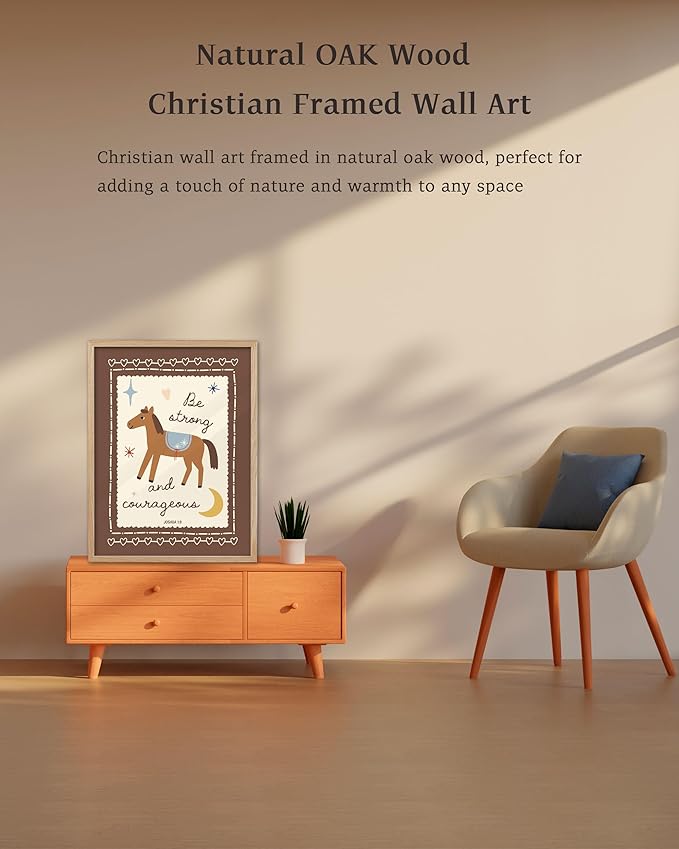 KensTro Christian Nursery Decor Framed Wall Art, 12x16 in Boho Christian Bible Verse Quote Canvas Wall Art,Be Strong and Courageous Horse Art Print Children Playroom Bedroom Decor Set of 1