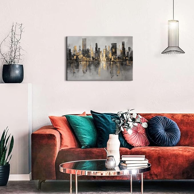 New York City Canvas Wall Art Abstract City Pictures Wall Decor for Living Room Black and Gold NYC Cityscape Prints Paintings Skyline Landscape Artwork for Bedroom Office Home Decorations 16x24"