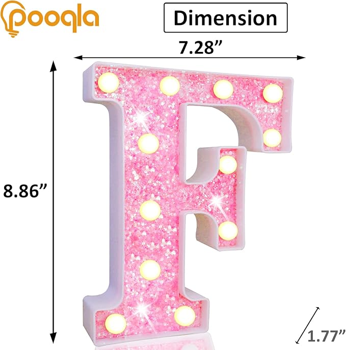 Pooqla LED Marquee Letter Lights, Light Up Pink Letters Glitter Alphabet Letter Sign Battery Powered for Night Light Birthday Party Wedding Girls Gifts Home Bar Christmas Decoration, Pink F