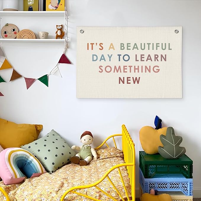 Classroom Decor Banner, Teacher Gifts, Cute Boho Neutral Classroom Must Haves Wall Decor, Inspirational Linen Canvas Banner Flag, It's A Beautiful Day to Learn