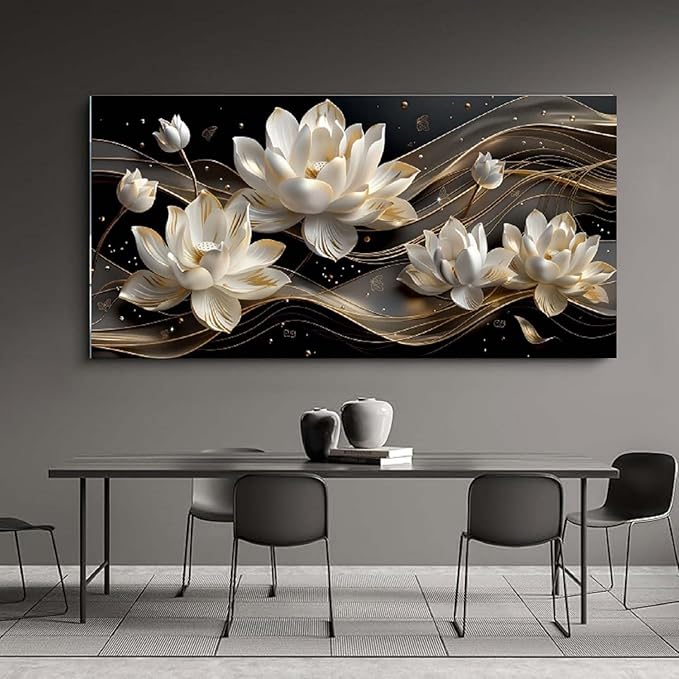 Bamdeya Abstract Wall Art Living Room Large Canvas Pictures White Flower Wall Art Petals Poster Browm Artwork for Walls Bedroom Wall Decor Modern Framed Bathroom Office Home Decorations