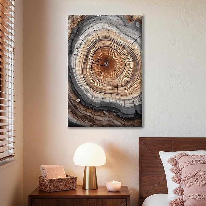 IBHJSART Framed Tree Ring Canvas Wall Art Abstract Colorful Wood Stump Decor Painting Prints Modern Minimalist Pictures Neutral Nature Rustic Farmhouse Living Room Bedroom Bathroom Office