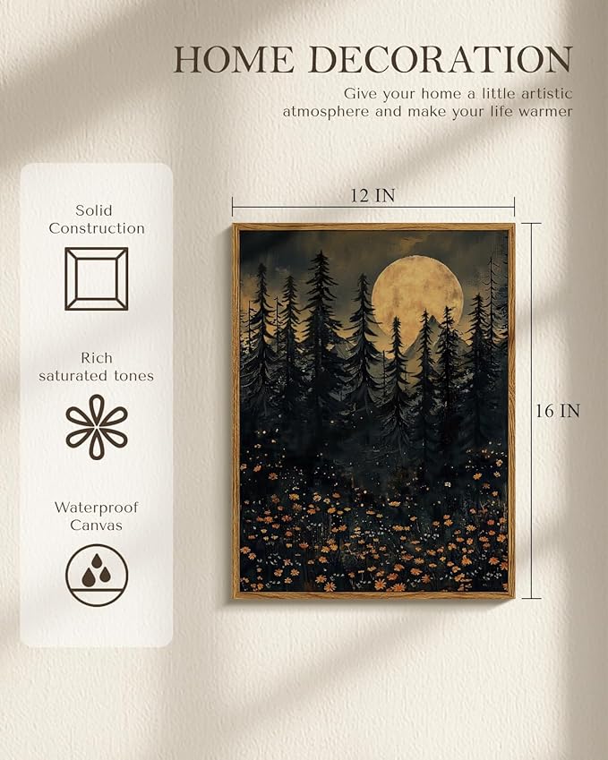 WHASAYART Framed Dark Forest Pine Trees Yellow Flowers Wall Art 12x16, Autumn Night Sky Full Moon Wildflowers Canvas Print, Rustic Fall Nature Gothic Aesthetic Halloween Bedroom Living Room Decor