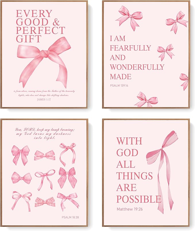 LARTSFRO Coquette Pink Bow Wall Art Decor Posters, Pink Bow Christian Room Bedroom Bathroom Dorm Wall Art Decor for College Teen Girls Kids Gifts, Inspirational Bible Verses Bow Wall Decor, 10x8 Inch Set of 4 Pcs Bow Pictures (UNFRAMED)