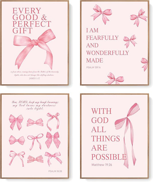 LARTSFRO Coquette Pink Bow Wall Art Decor Posters, Pink Bow Christian Room Bedroom Bathroom Dorm Wall Art Decor for College Teen Girls Kids Gifts, Inspirational Bible Verses Bow Wall Decor, 10x8 Inch Set of 4 Pcs Bow Pictures (UNFRAMED)
