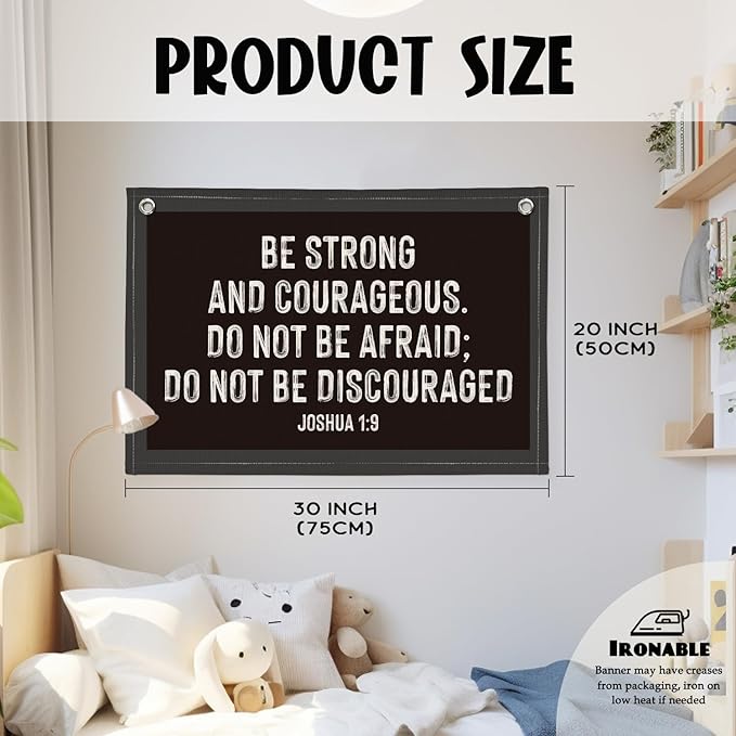 Christian Wall Art, Be Strong and Courageous Bible Verse Banner, Inspirational Linen Canvas Banner Wall Hanging Decor for Toddler Boys Room Nursery Playroom, Religious Gift for Kids