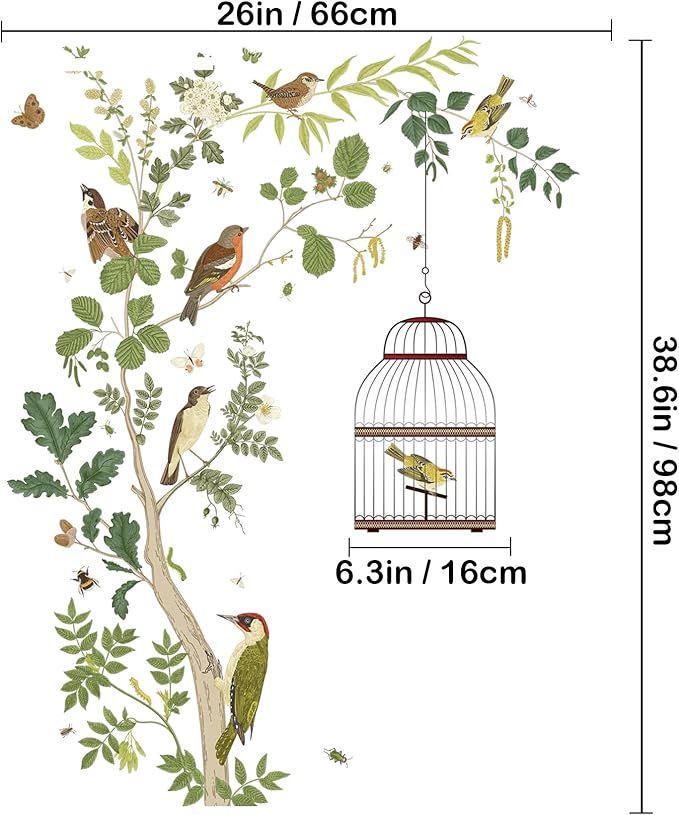 Removable Bird on Bracnch Wall Stickers, DIY Romantic Birdcage Decor Tree Wall Murals Peel and Stick Wall Art Stickers Home Decor for Gilrs Bedroom Nursery Rooms Living Room