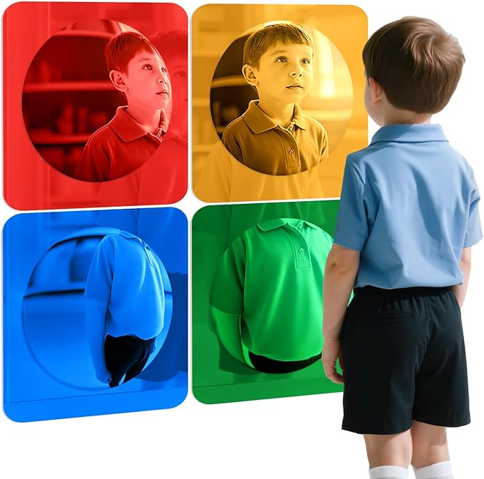 Geiserailie 4 Pcs Sensory Wall Mirror Acrylic Bubble Mirror Toys for Calming Corner Items - Sensory Room Have Visual, Tactile Stimulation (10 x 10 Inch,Red,Yellow,Green,Blue)