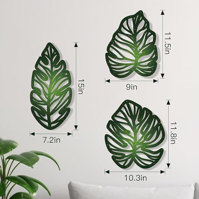 Zzbakress 3 Pcs Wooden Palm Leaves Wall Art Tropical Leaf Wall Art Natural Plant Wall Decor Vintage Wood Hollow Wall Decoration for Living Room Kitchen Bedroom Garden Office (Farmhouse, Leaves-A)