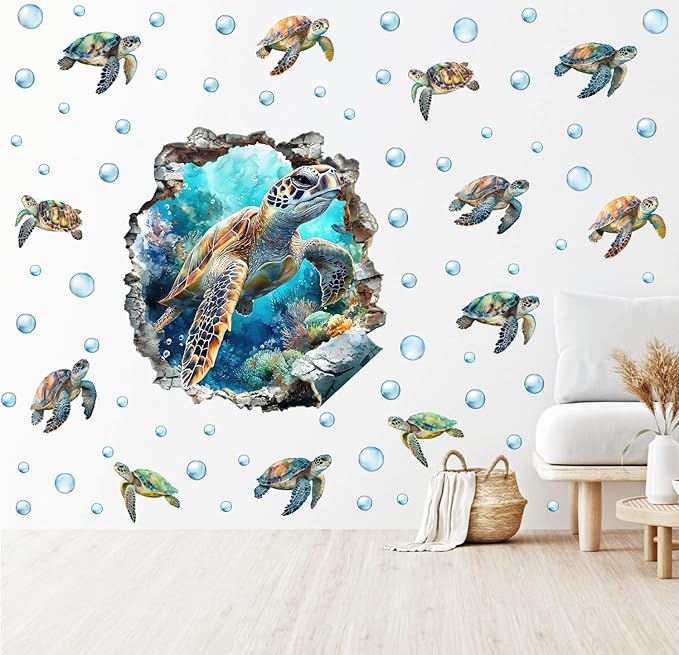 3D Large Sea Turtle Wall Decals(20.6”x22.1”), Watercolor Sea World Vinyl Wall Stickers, Removable Cartoon Under The Sea Animal Artwork for Baby Bedroom Playroom Bathroom Decor
