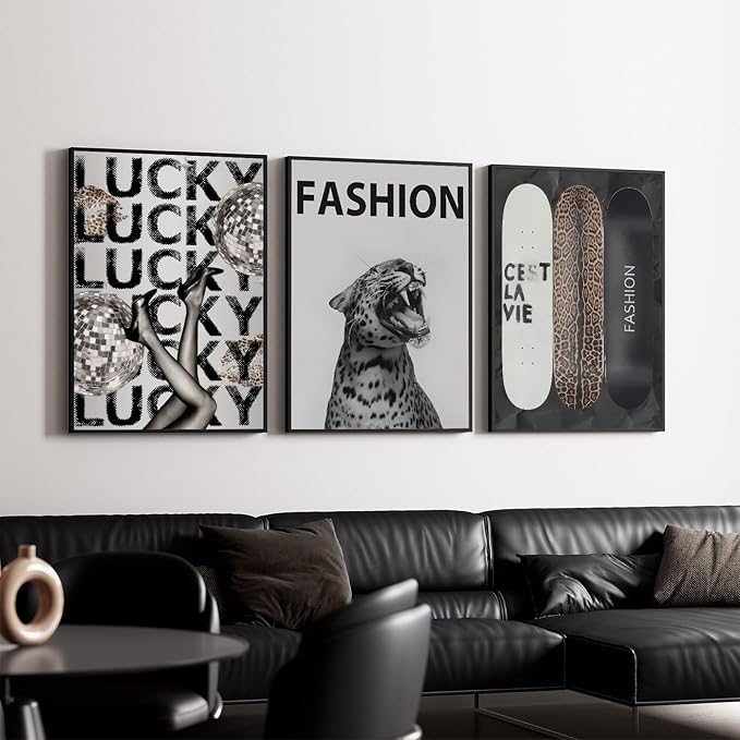 Trendy Leopard Wall Art Fashion Cheetah Lucky Skateboard Wall Decor Pictures Funky Vintage Preppy Luxury Aesthetic Posters Prints for Girly Bedroom Apartment Dorm Decoration Unframed 12x16in