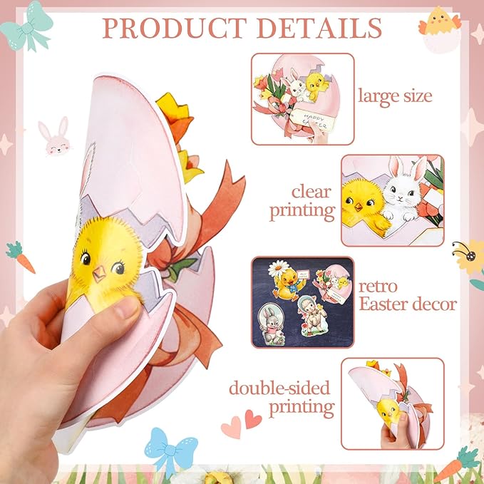 12 Pcs Large Vintage Easter Cutouts Watercolor Double Sided Printing Happy Easter Paper Cuts Spring Rustic Farmhouse Bunny Rabbit Egg Cutout for Party Baby Shower Birthday Classroom Wall Decor
