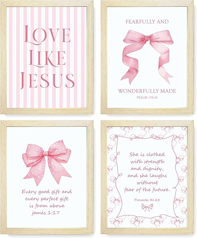 LARTSFRO Coquette Pink Bow Jesus Wall Art Decor Posters, Pink Bow Room Bedroom Bathroom Dorm Wall Art Decor Aesthetic for College Teen Girls Gifts, Inspirational Bible Verses Bow Wall Decor, 10x8 Inch Set of 4 Pcs Bow Pictures (WOOD-GRAIN FRAMED)