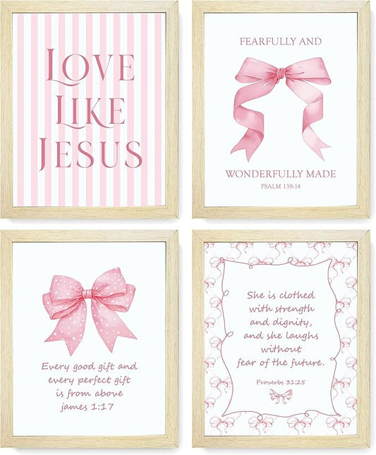 LARTSFRO Coquette Pink Bow Jesus Wall Art Decor Posters, Pink Bow Room Bedroom Bathroom Dorm Wall Art Decor Aesthetic for College Teen Girls Gifts, Inspirational Bible Verses Bow Wall Decor, 10x8 Inch Set of 4 Pcs Bow Pictures (WOOD-GRAIN FRAMED)