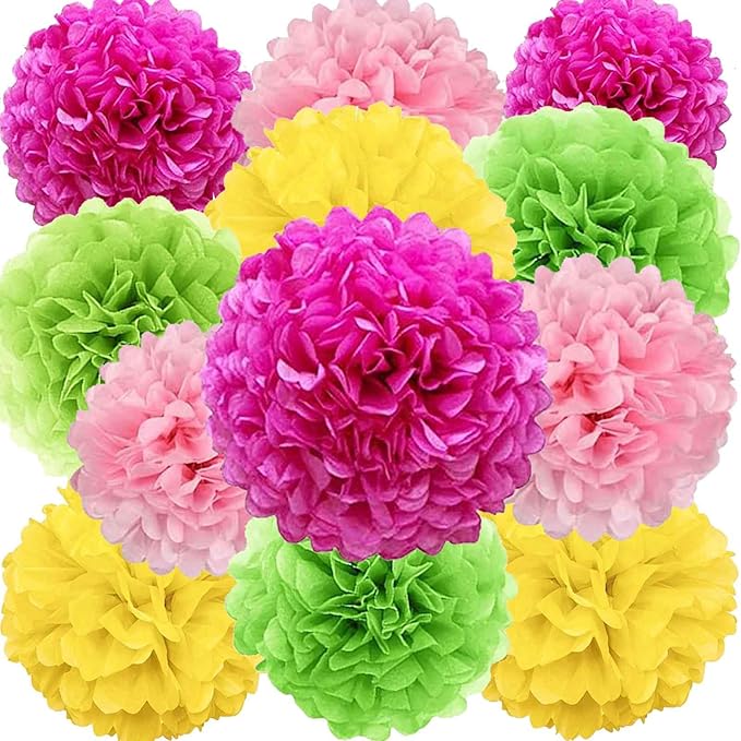 We Moment Hot Pink Yellow Green Pink Paper Flowers Pom Poms Decorations for Tropical Party Decorations Hawaiian Party Ceiling Wall Hanging Tissue Pom Poms 12pcs 4 Colors
