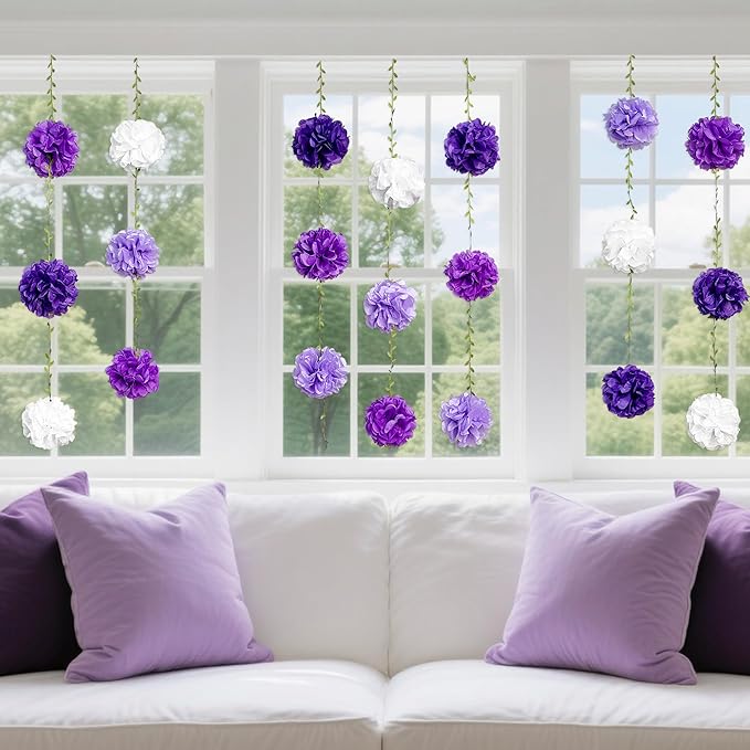 Ombre Purple White Party Decorations Lavender White Tissue Paper Flowers Pom Pom with Leaf Ribbon Hanging Garland Streamer for Birthday Baby Shower Bachelorette Wedding Lilac Violet Party Supplies