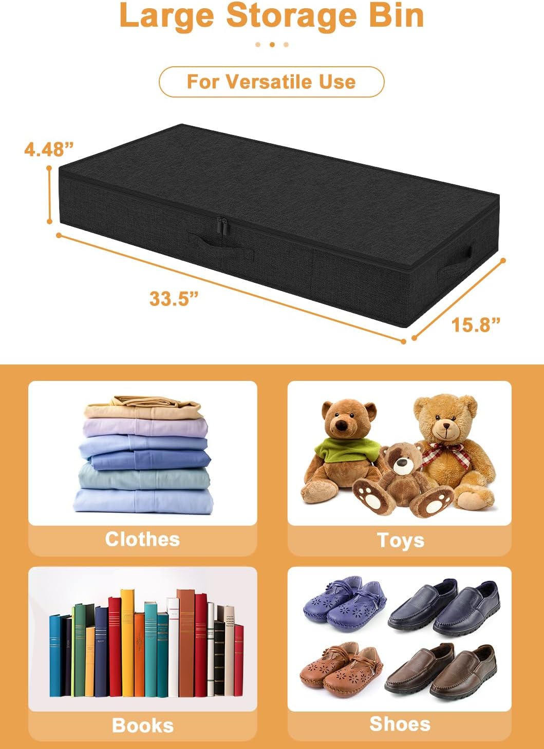 punemi Shallow Under bed Storage Container Bags, Low Profile Underbed Zipper Storage Bins W/Sturdy Side & Bottom Support,Fabric Thin Storage Drawer For College Dorm,33.5 x 15.8 x 4.5inch Black,4 Pack