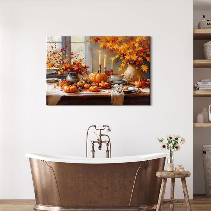 Farmhouse Pumpkin Wall Art Orange Pumpkins Wall Decor Rustic Farm Fall Harvest Pictures Halloween Thanksgiving Autumn Canvas Prints Painting Artwork for Kitchen Dining Room Home Decoration 24x36"
