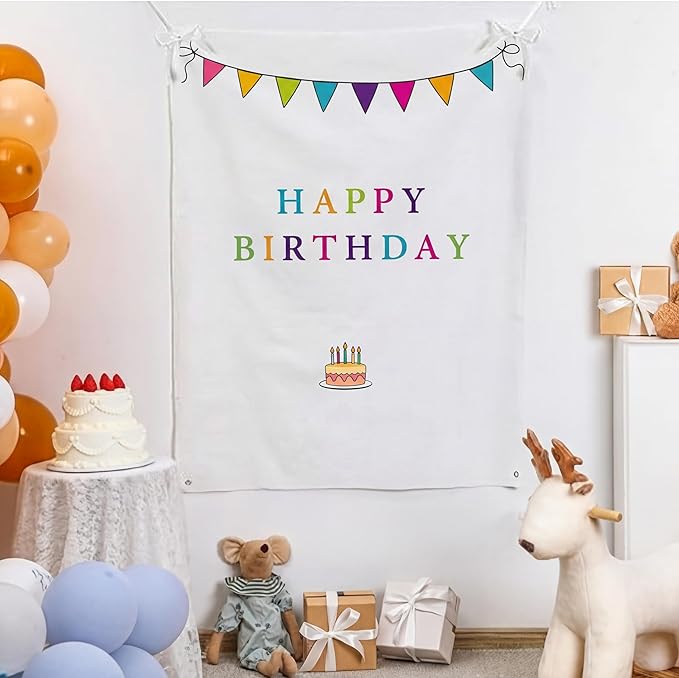 Oudain 29x39 Inch Happy Birthday Burlap Banner, Fabric Party Decorations Backdrop, Boho Rustic Photo Props Sign with Hanging String for Birthday Party Indoor Outdoor Yard Wall Decor, Style 2
