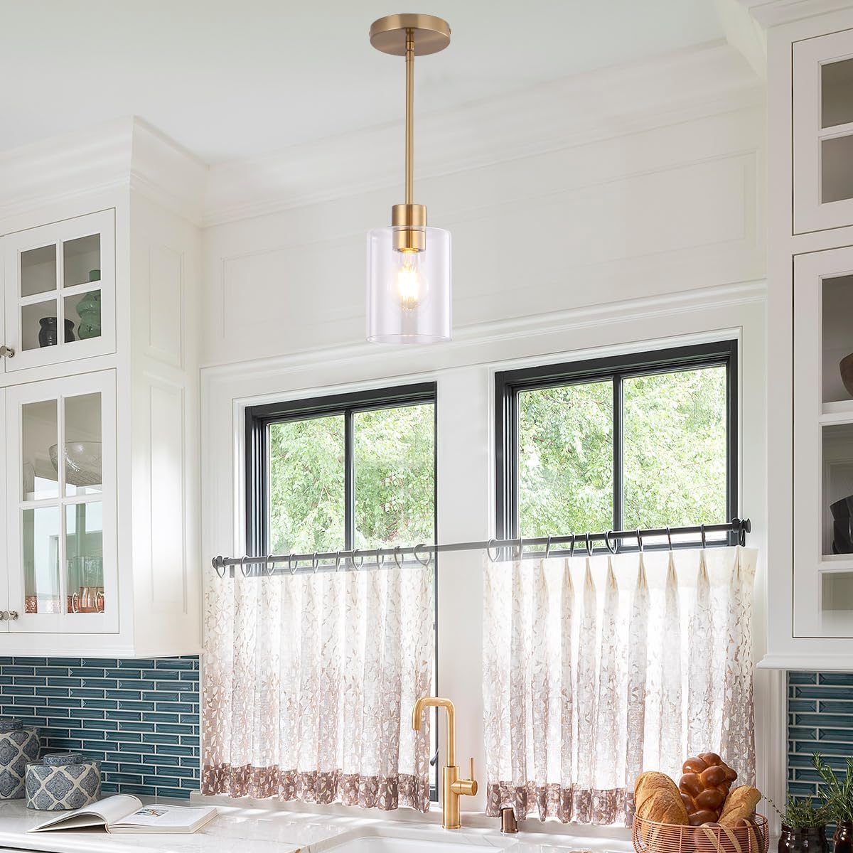 Brass Pendant Lights Kitchen Island,Modern Farmhouse Clear Glass Pendant Light,Gold Light Fixture Kitchen Pendant Mini Hanging Light Fixture for Sink (Brass 2 Pack stem Rod)