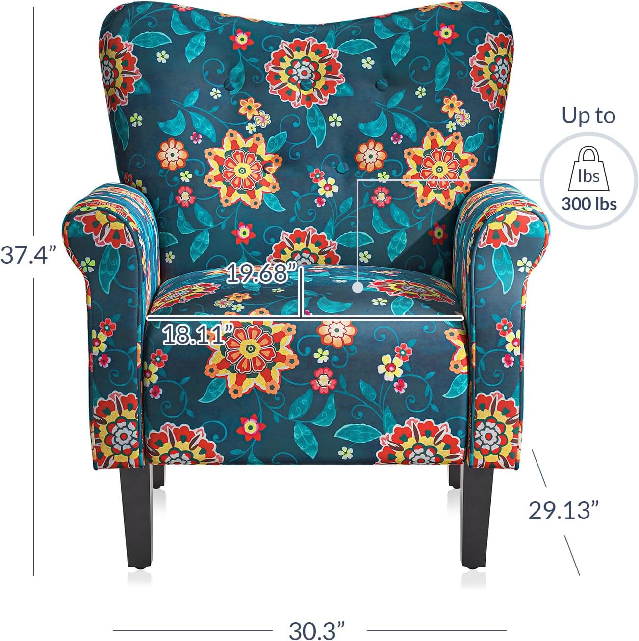 BELLEZE Modern Accent Chair for Living Room, High Back Linen Armchair with Wooden Legs, Upholstered Wingback Side Chair Padded Armrest Single Sofa for Living Room, Bedroom - Allston (Blue & Flower)