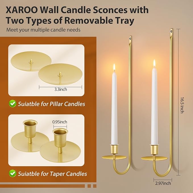 Candle Sconces Set of 2, 16.5 Inch Taper & Pillar Wall Candle Holder, Gold Wall Sconces Set of Two, Decor for Entryway, Stair Corner, Living Room, Gifts for Men Women Mom or Dad