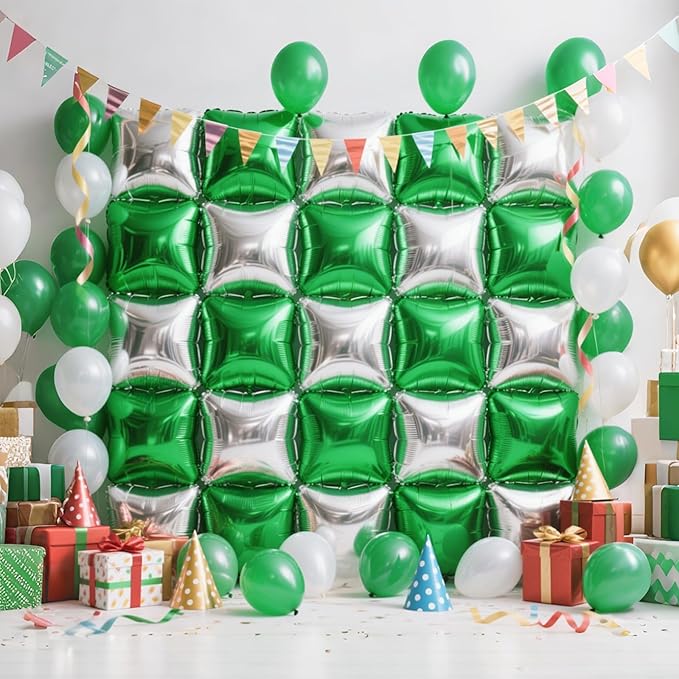 NISOCY 25PCS Green Silver Square Foil Balloons Wall Backdrop Double Sided Silver Green Balloons Arch Kit for Birthday Anniversary Graduation Forest Baby Bridal Shower Kids Party Decorations